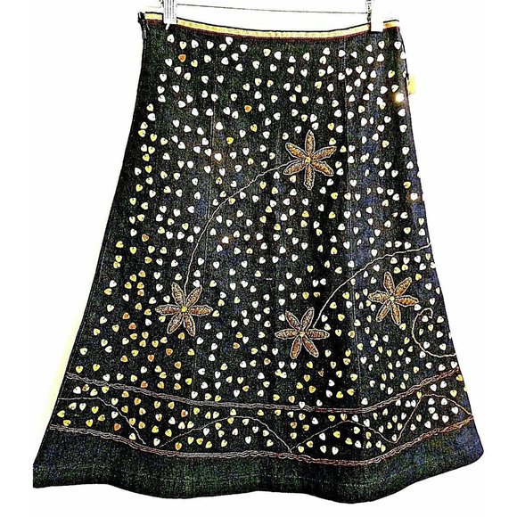 Black Denim Jean A-line Skirt Gold Sequined Embroidered Size S - New - Picture 1 of 7